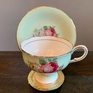 Paragon Teacup Saucer Set Mint Green Red White Roses Double Warrant Bone China